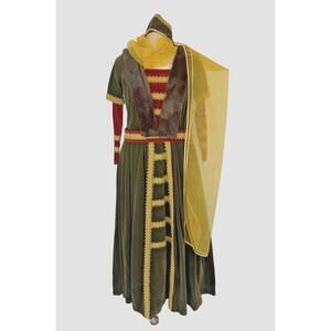 Dark Green/Red Velvet Gold & Fur Trim Belt Hat Medieval Renaissance Dress #23